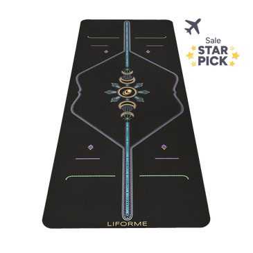 Liforme Cosmic Moon Travel Yoga Mat showing cosmic moon design, black colorway with AlignForMe® posture alignment and non-slip eco-friendly surface