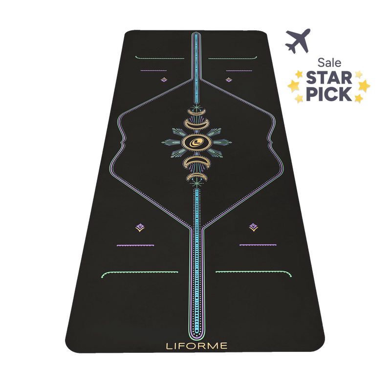 Liforme Cosmic Moon Travel Yoga Mat showing cosmic moon design, black colorway with AlignForMe® posture alignment and non-slip eco-friendly surface