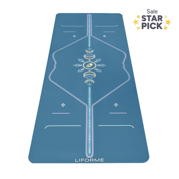 Liforme Cosmic Moon Yoga Mat showing cosmic moon design, blue colorway with AlignForMe® posture alignment and non-slip eco-friendly surface