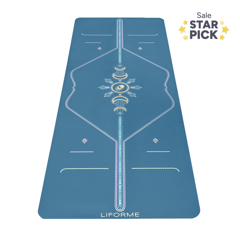 Liforme Cosmic Moon Yoga Mat showing cosmic moon design, blue colorway with AlignForMe® posture alignment and non-slip eco-friendly surface