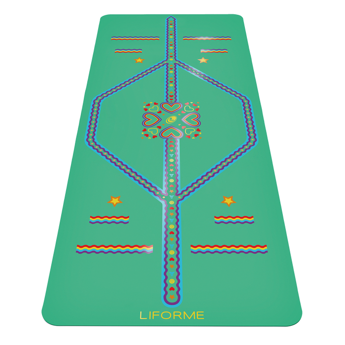 Liforme Playful Kids Yoga Mat showing front view, green colorway with AlignForMe® posture alignment and non-slip eco-friendly surface