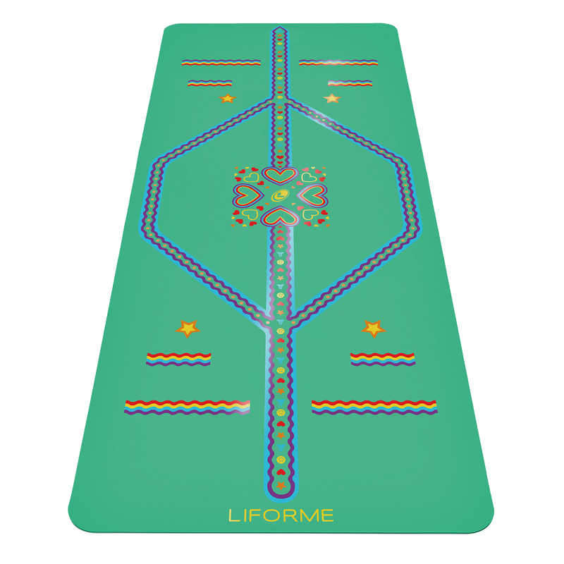 Liforme Playful Kids Yoga Mat showing front view, green colorway with AlignForMe® posture alignment and non-slip eco-friendly surface