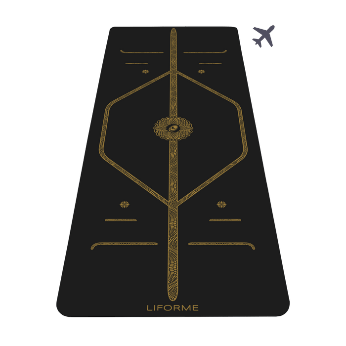 Liforme Black & Gold Travel Yoga Mat showing front view, black colorway with AlignForMe® posture alignment and non-slip eco-friendly surface