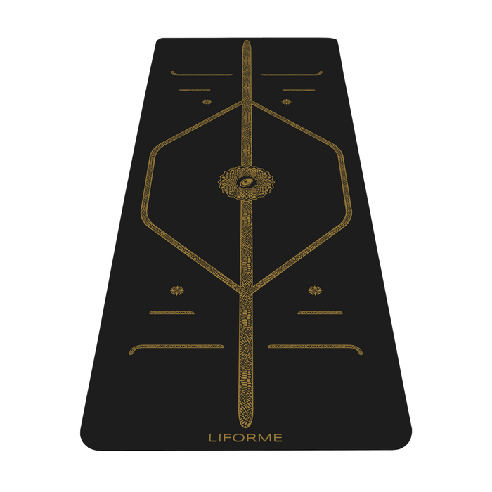 Liforme Black & Gold Yoga Mat showing front view, black colorway with AlignForMe® posture alignment and non-slip eco-friendly surface