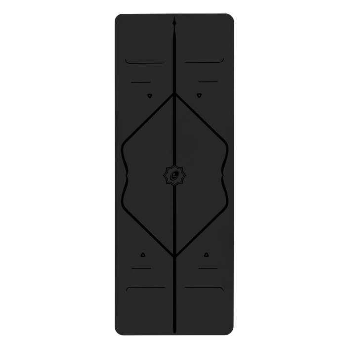 Black Classic Liforme Yoga mat, front view showing alignment posture design
