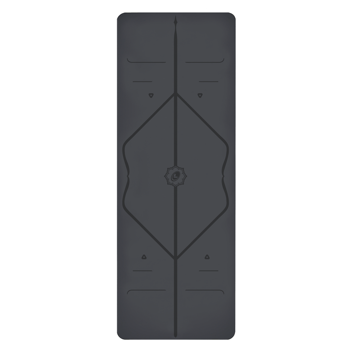 Birdseye view shot of the Grey Liforme Classic yoga mat showing the alignment markers