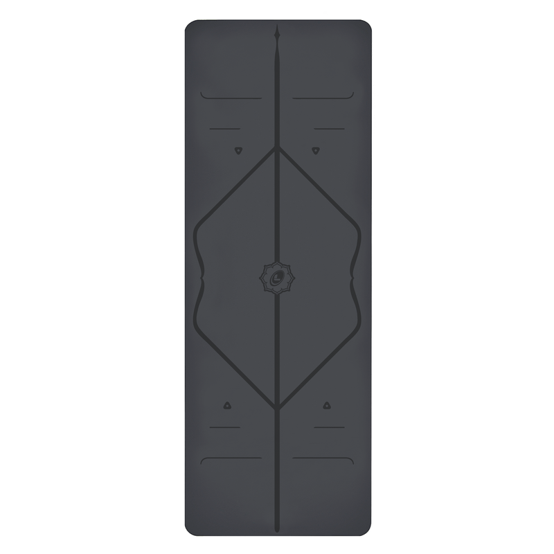 Birdseye view shot of the Grey Liforme Classic yoga mat showing the alignment markers