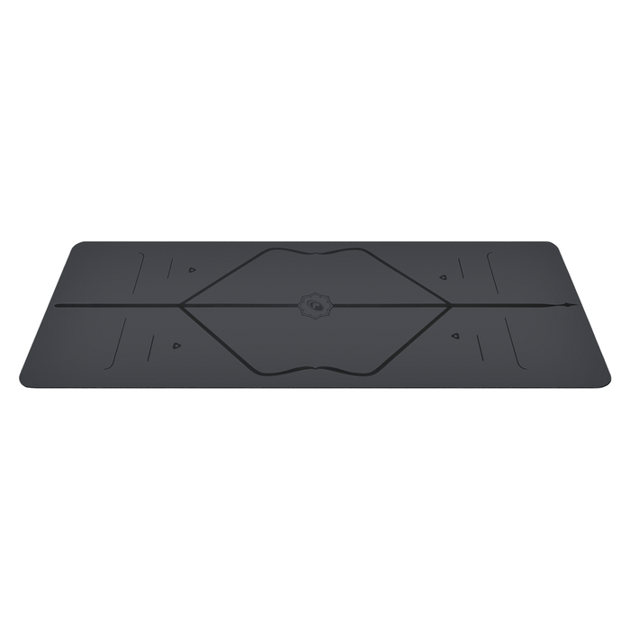 Side view of the Grey Classic Liforme Yoga Mat, with alignment design