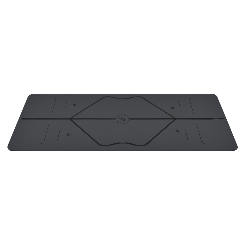 Side view of the Grey Classic Liforme Yoga Mat, with alignment design
