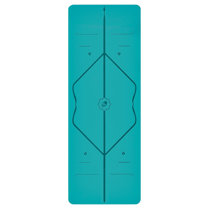 Front view of the alignment design of the aqua teal Liforme Yoga mat
