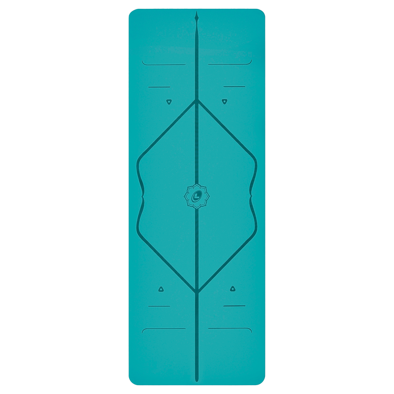 Front view of the alignment design of the aqua teal Liforme Yoga mat

