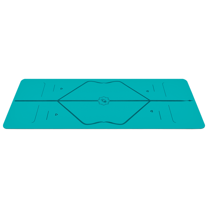 Side view of the alignment design of the aqua teal Liforme Yoga mat
