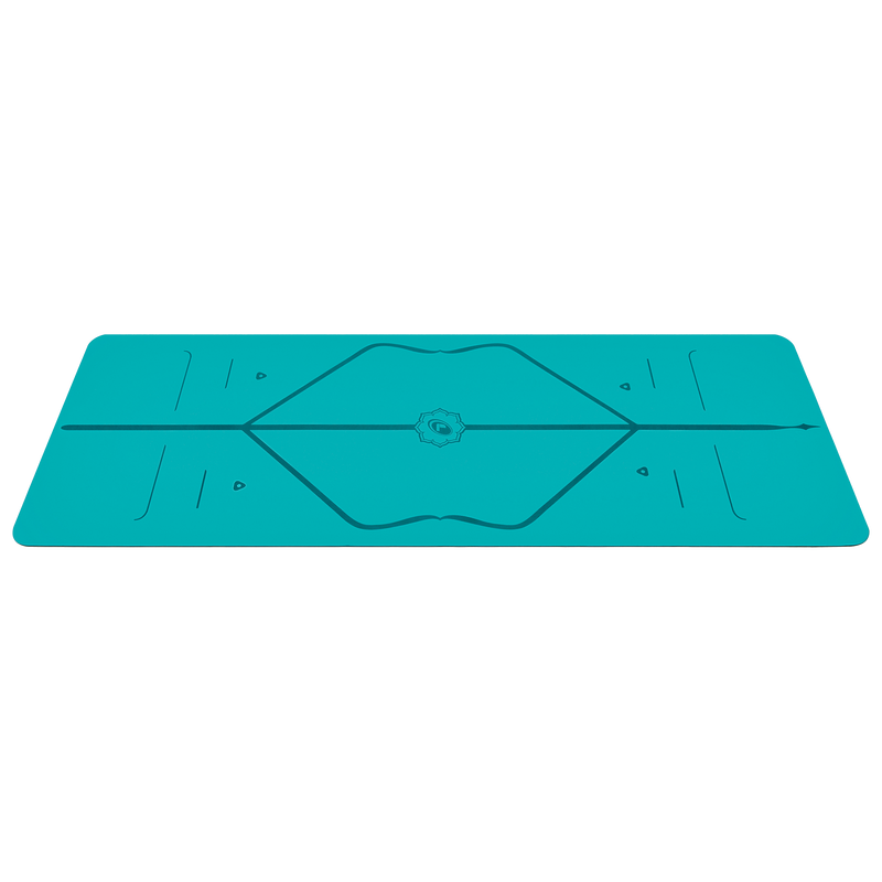 Side view of the alignment design of the aqua teal Liforme Yoga mat
