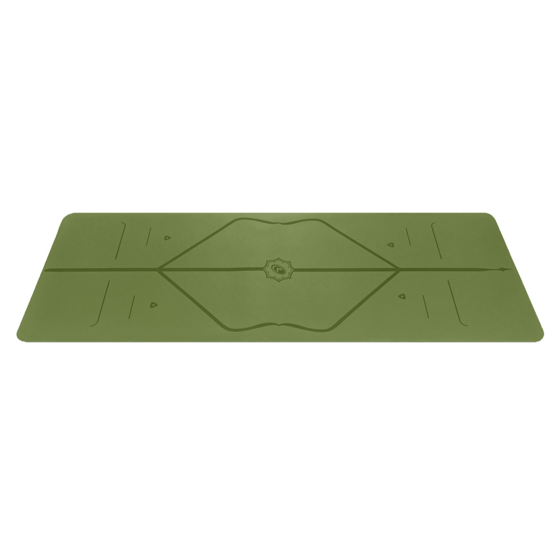 Side view of the alignment design of the olive Liforme Yoga mat