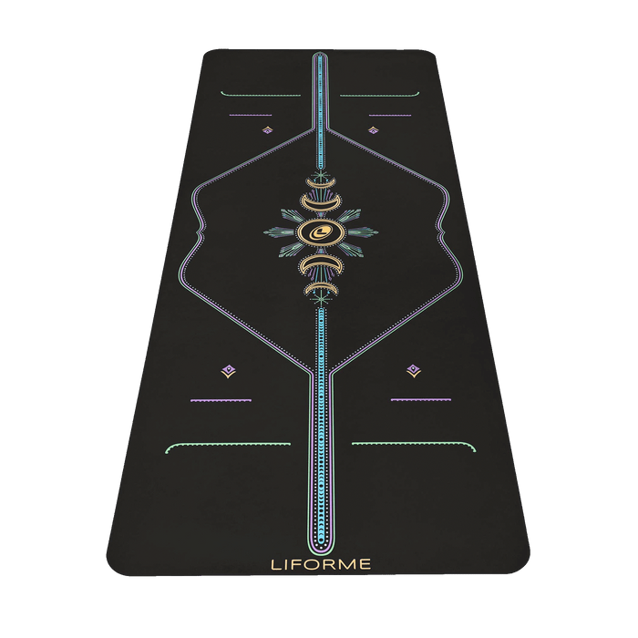 Liforme Cosmic Moon Yoga Mat showing front view, cosmic moon design, black colorway with AlignForMe® posture alignment and non-slip eco-friendly surface