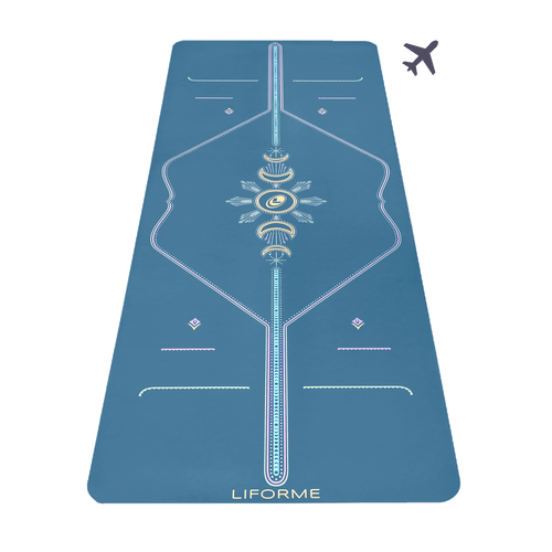 Liforme Cosmic Moon Travel Yoga Mat showing front view, cosmic moon design, blue colorway with AlignForMe® posture alignment and non-slip eco-friendly surface