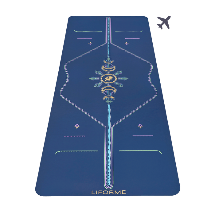Liforme Cosmic Moon Travel Yoga Mat showing front view, cosmic moon design, blue colorway with AlignForMe® posture alignment and non-slip eco-friendly surface