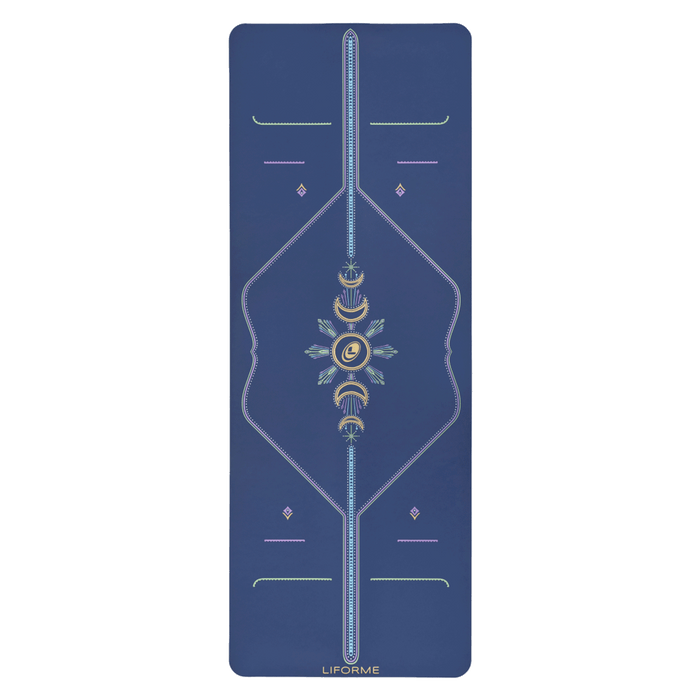 Top down view of the Navy Liforme Cosmic Moon mat with full AlignForMe guide.