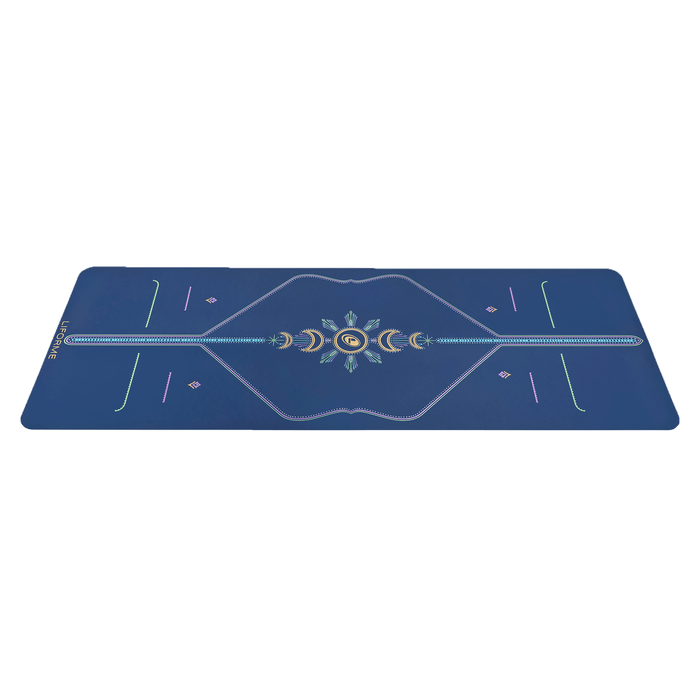 Side view of a Liforme yoga mat showing the thick natural rubber cushioning and grip.