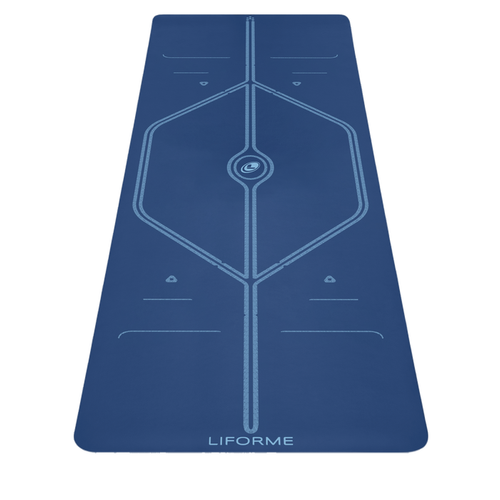 Liforme XL Yoga Mat showing front view, blue colorway with AlignForMe® posture alignment and non-slip eco-friendly surface