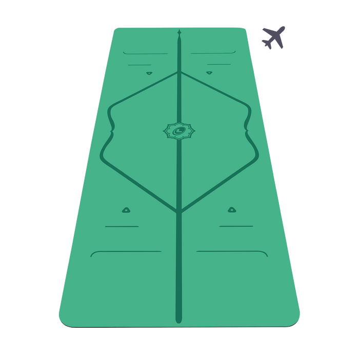 Liforme Classic Travel Yoga Mat showing front view, green colorway with AlignForMe® posture alignment and non-slip eco-friendly surface