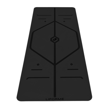 Liforme In Line Yoga Mat showing black colorway with AlignForMe® posture alignment and non-slip eco-friendly surface