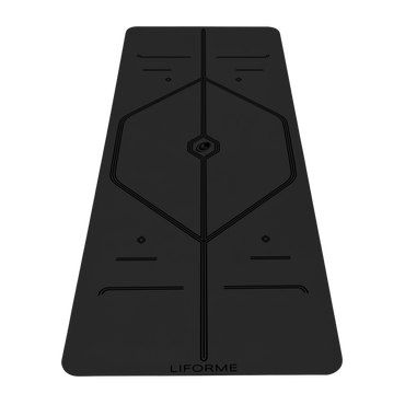 Liforme In Line Yoga Mat showing black colorway with AlignForMe® posture alignment and non-slip eco-friendly surface