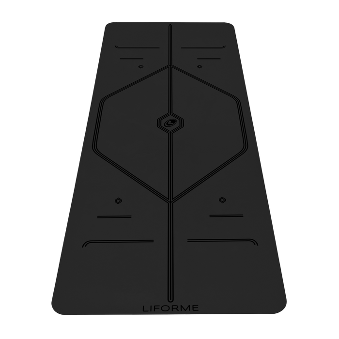 Liforme In Line Yoga Mat showing black colorway with AlignForMe® posture alignment and non-slip eco-friendly surface