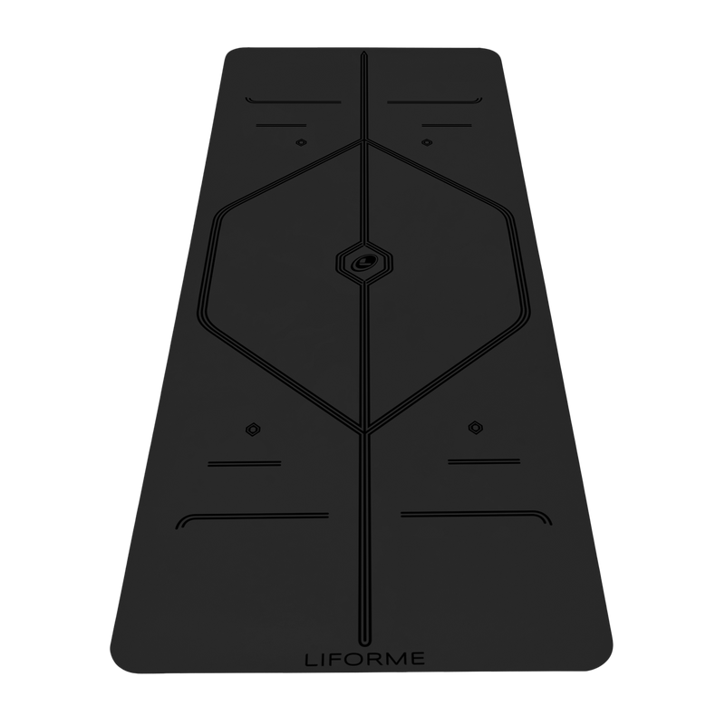 Liforme In Line Yoga Mat showing black colorway with AlignForMe® posture alignment and non-slip eco-friendly surface