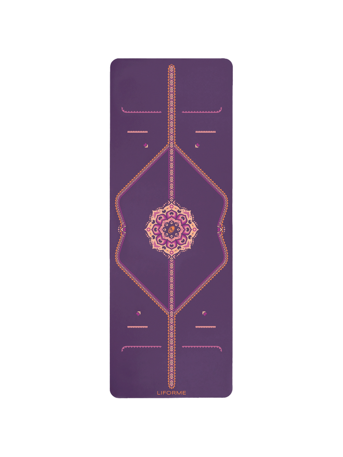 Birdseye view Liforme Blossoming Lotus Purple yoga mat.