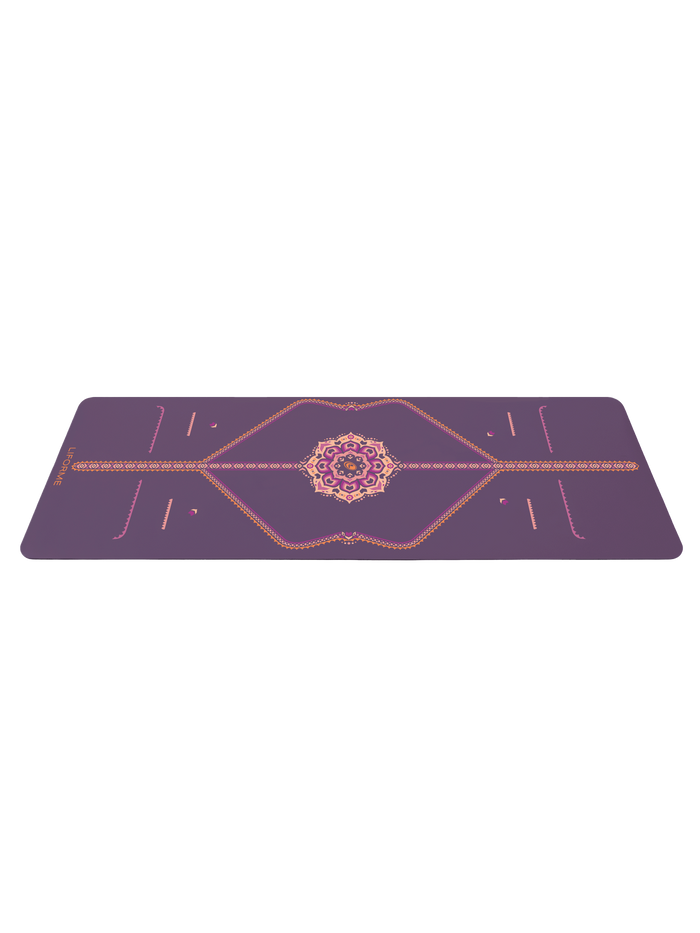 Side view Liforme Blossoming Lotus Purple yoga mat.