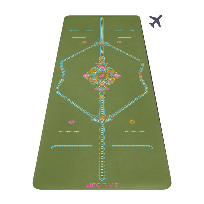 Liforme Mindful Garden Travel Yoga Mat showing front view with AlignForMe® posture alignment and non-slip eco-friendly surface