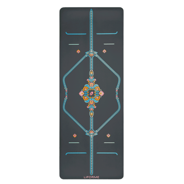 Full overhead view of the grey Liforme Mindful Garden Yoga Mat featuring the central mandala and blue alignment markers.