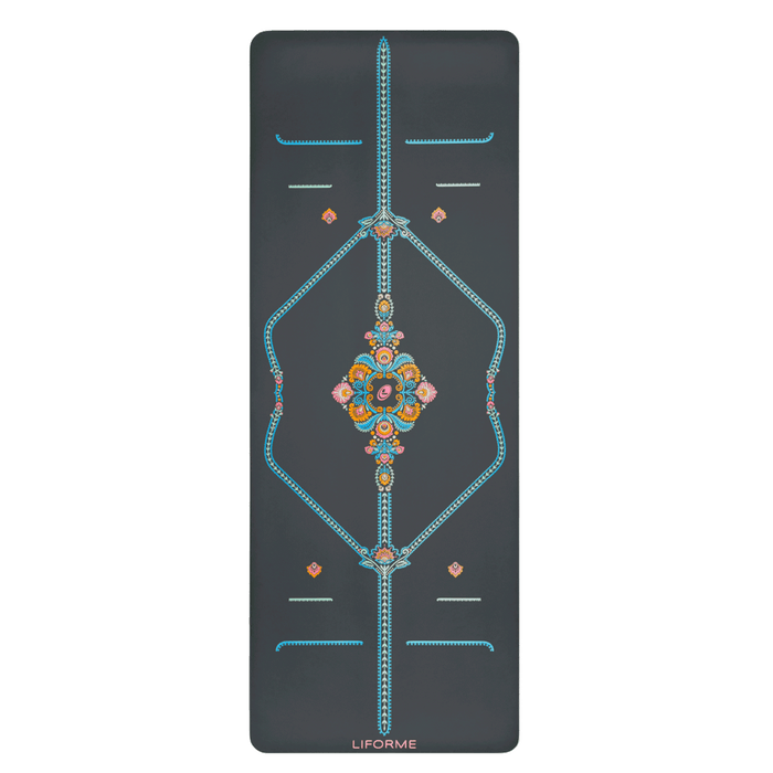 Full overhead view of the grey Liforme Mindful Garden Yoga Mat featuring the central mandala and blue alignment markers.