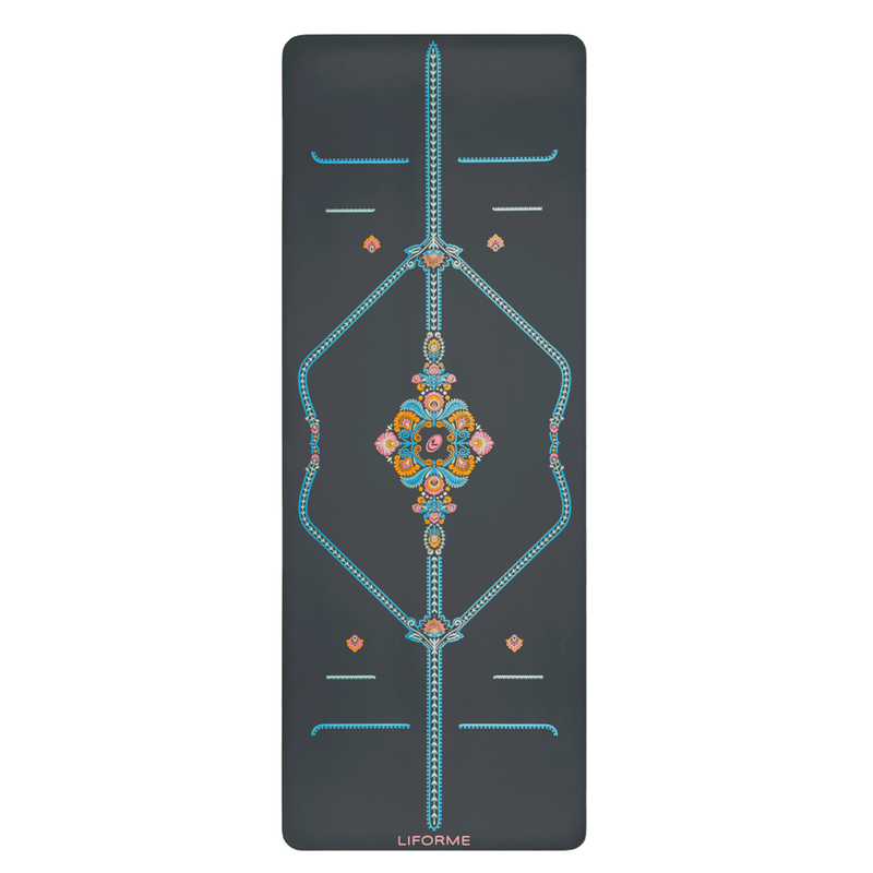 Full overhead view of the grey Liforme Mindful Garden Yoga Mat featuring the central mandala and blue alignment markers.