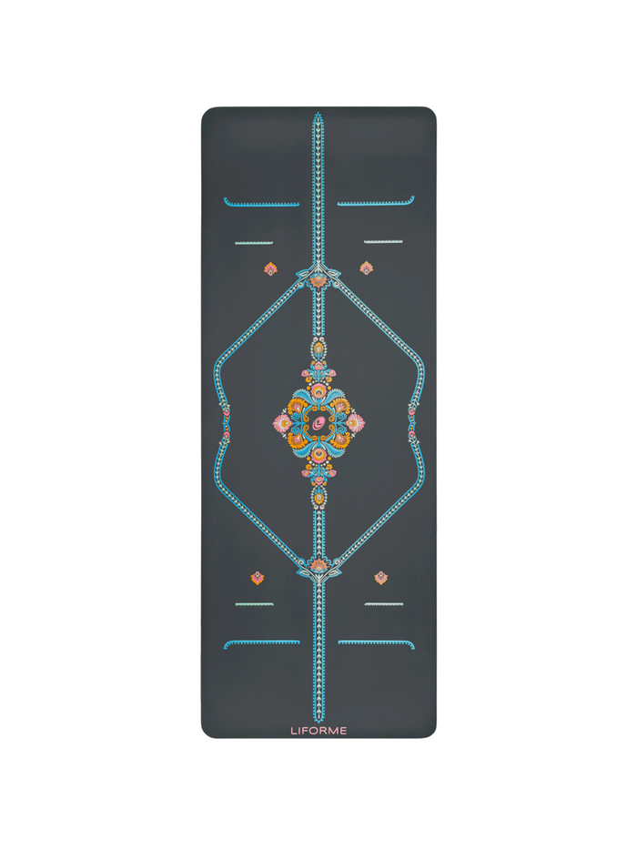 Full overhead view of the grey Liforme Mindful Garden Yoga Mat featuring the central mandala and blue alignment markers.