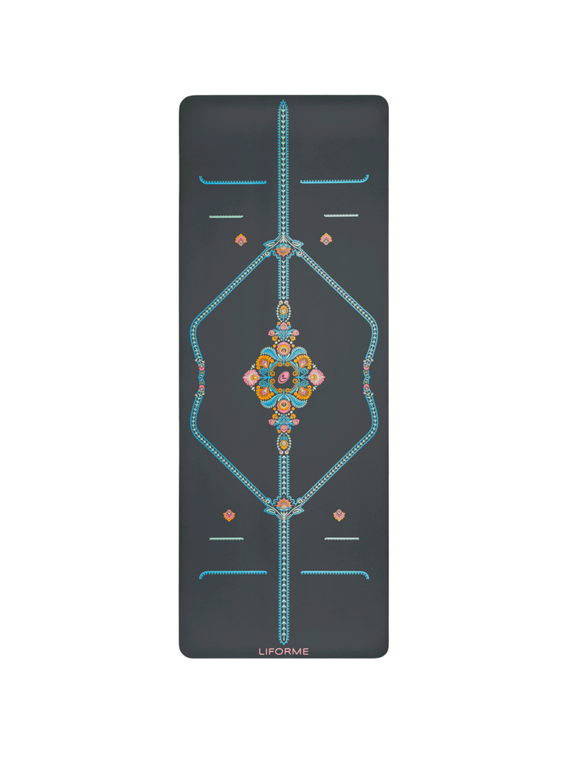 Full overhead view of the grey Liforme Mindful Garden Yoga Mat featuring the central mandala and blue alignment markers.