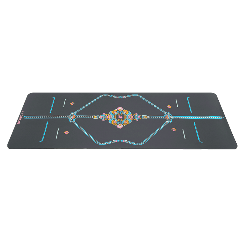 Low-angle horizontal view of the non-slip Liforme Mindful Garden Yoga Mat highlighting its slim profile and grip.
