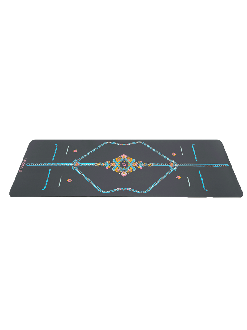 Low-angle horizontal view of the non-slip Liforme Mindful Garden Yoga Mat highlighting its slim profile and grip.