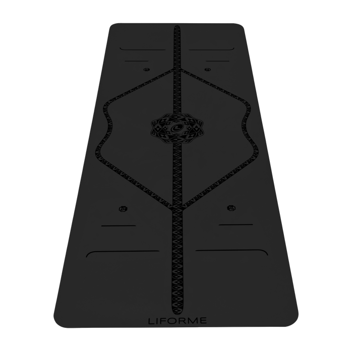 Liforme Mystique Yoga Mat showing black colorway with AlignForMe® posture alignment and non-slip eco-friendly surface