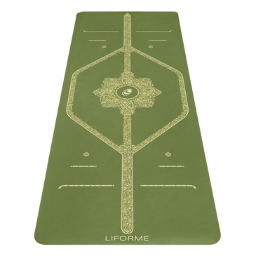 Liforme Paisley Passion Yogamat met vooraanzicht met AlignForMe® houdingsuitlijning en antislip milieuvriendelijk oppervlak
