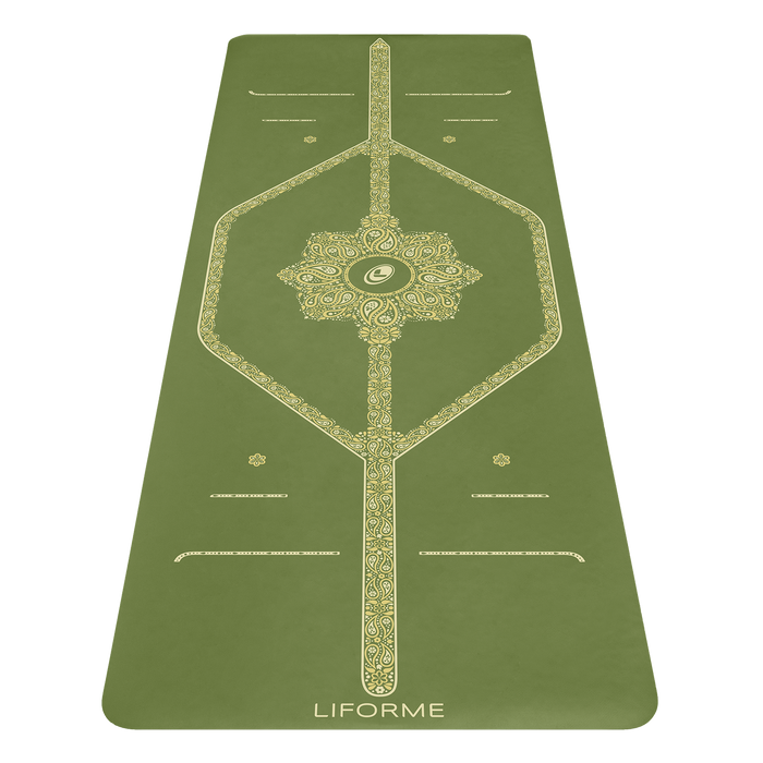 Liforme Paisley Passion Estera de yoga que muestra una vista frontal con AlignForMe® alineación postural y superficie ecológica antideslizante