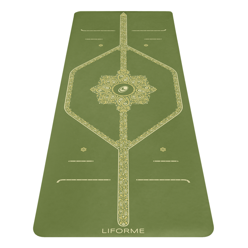 Liforme Paisley Passion Yogamat met vooraanzicht met AlignForMe® houdingsuitlijning en antislip milieuvriendelijk oppervlak