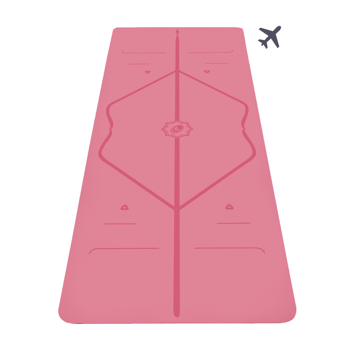 Liforme Classic Travel Yoga Mat showing front view, pink colorway with AlignForMe® posture alignment and non-slip eco-friendly surface