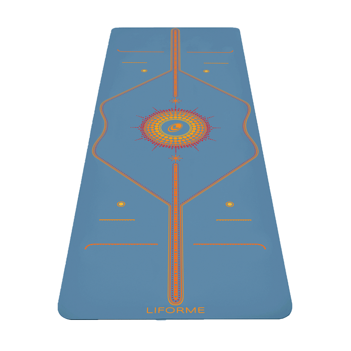Liforme Radiant Sun Yoga Mat showing front view, blue colorway with AlignForMe® posture alignment and non-slip eco-friendly surface