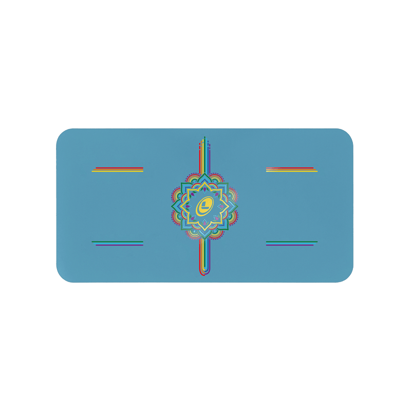 Liforme Rainbow Yoga Pad showing rainbow design, blue colorway with AlignForMe® posture alignment and non-slip eco-friendly surface