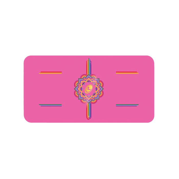Liforme Rainbow Yoga Pad showing rainbow design, pink colorway with AlignForMe® posture alignment and non-slip eco-friendly surface