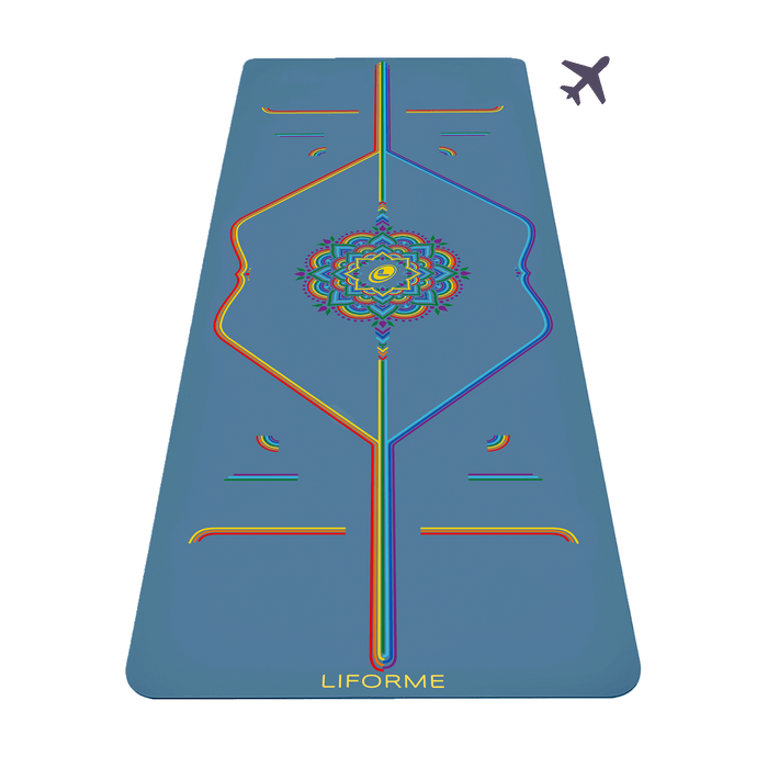 Liforme Rainbow Travel Yoga Mat showing front view, rainbow design, blue colorway with AlignForMe® posture alignment and non-slip eco-friendly surface