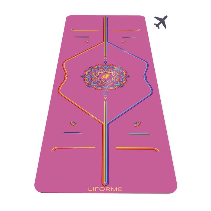Liforme Rainbow Travel Yoga Mat showing front view, rainbow design, pink colorway with AlignForMe® posture alignment and non-slip eco-friendly surface