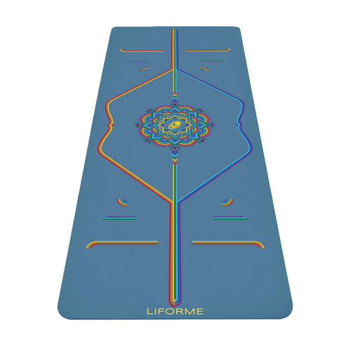 Liforme Rainbow Yoga Mat showing front view, rainbow design, blue colorway with AlignForMe® posture alignment and non-slip eco-friendly surface